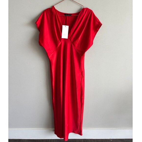 Zara Womens Bloggers Favorite Classic V-neckline Satin Dress Red Size XL - Picture 9 of 14